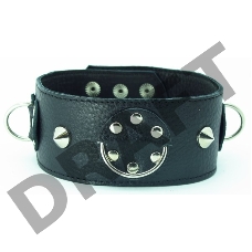 Чёрный кожаный ошейник с кольцами и клёпками