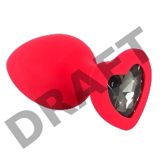 Красная силиконовая анальная пробка с черным стразом-сердечком - 7,9 см.