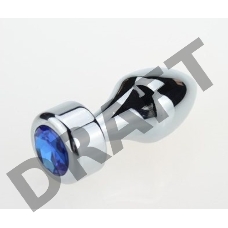 Серебристая анальная пробка с широким основанием и синим кристаллом - 7,8 см.