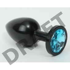 Чёрная анальная пробка с голубым стразом - 8,2 см.