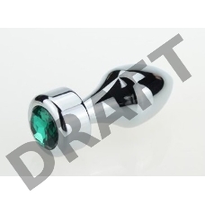 Серебристая анальная пробка с широким основанием и зелёным кристаллом - 7,8 см.